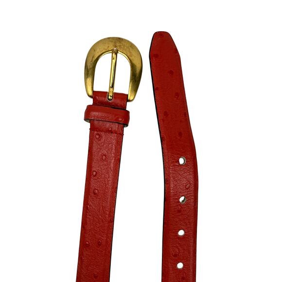 MCM Red Ostrich Embossed Leather Belt Gold Buckle Luxury Made in Italy 26 main image 9